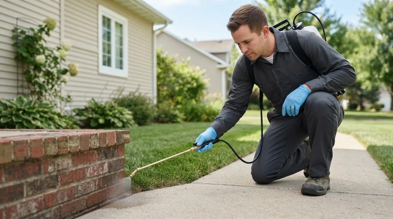 Pest control technician treating a home near Gambier, OH