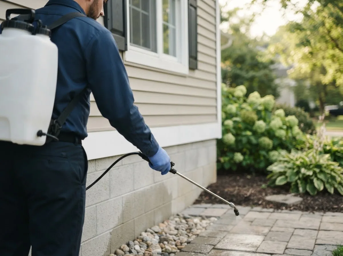 Pest control technician inspecting a home in Gambier, OH